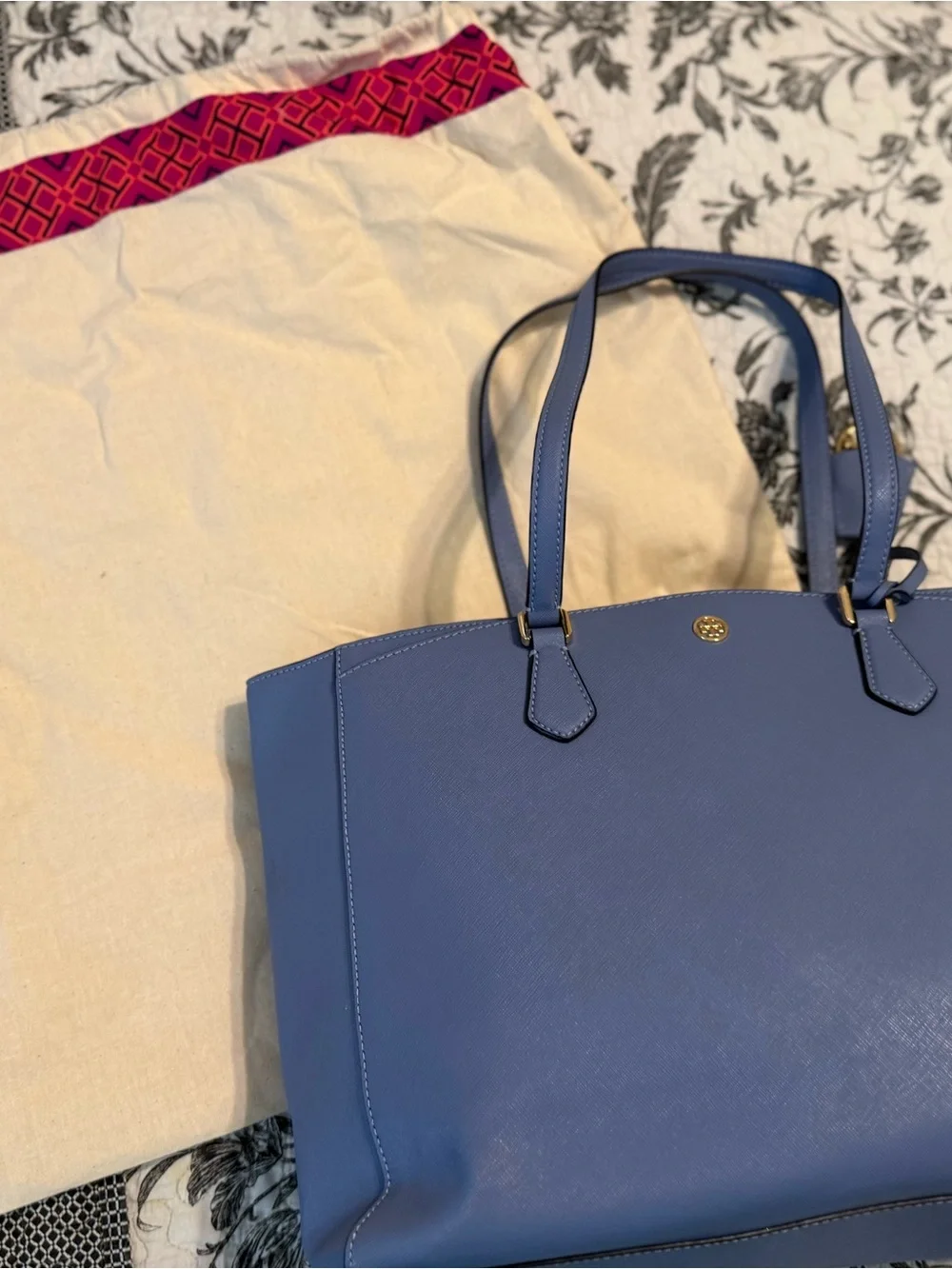 Tory Burch Periwinkle Leather Robinson Tote with Gold Logo Charm